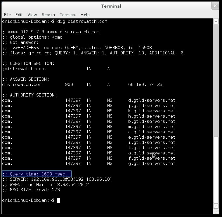 Example of Bind9 caching server before DNS entry is cached - Query time: 1698 msec