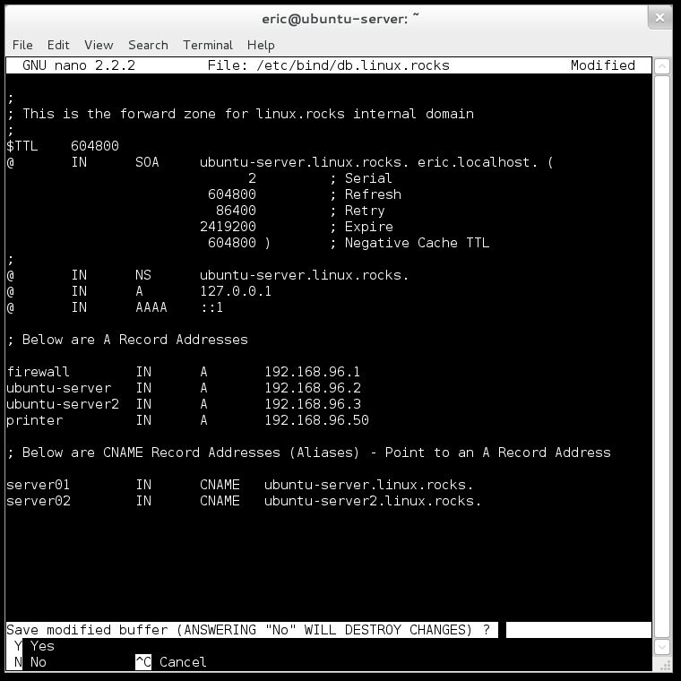 Enter Y to save changes in the bind9 forward zone 