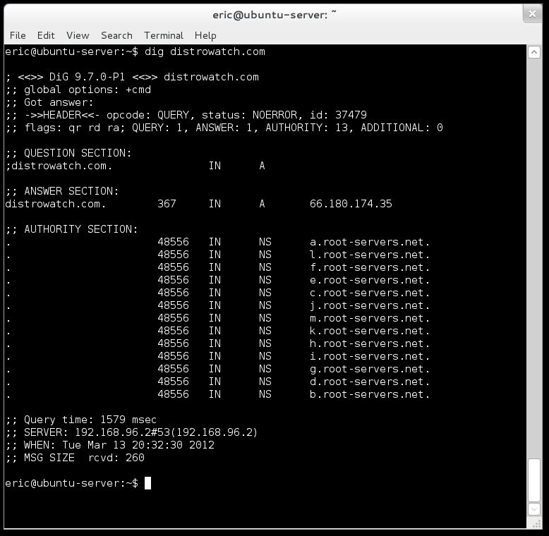 Example of results from dig before dns record is cached